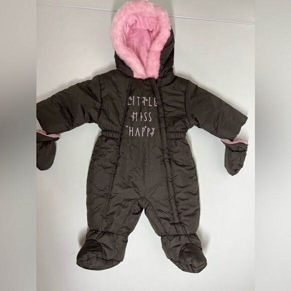 C&A faux-fur trim padded jumpsuit size 62 cm 3-6 mon Brown Pink Puffer Snowsuit - Picture 1 of 9